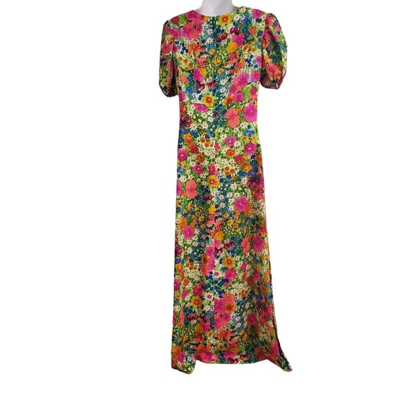 Vintage Maxi Dress Bright Floral Print V Neck Long Modest Cosplay Costume - Picture 2 of 5